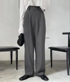 me+em select 太ベルトハイウエストカラータックスラックス グレー