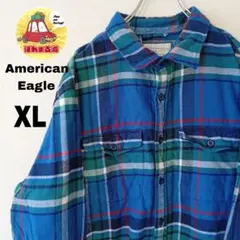 USA古着 AmericanEagle ネルシャツ　XL ブルー　グリーン