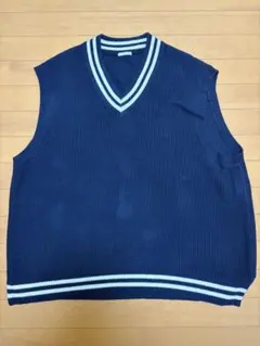 ネイビー Vネック リブ編み ベスト