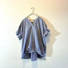 ビームスハート　スキッパーネック カットソー 紺ストライプ 半袖　フリル袖　夏