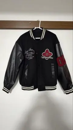 スタジャン メンズ Mサイズ ワッペン 刺繍 ブラック フェイクレザー切替