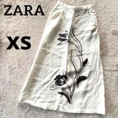 ザラ　ZARA ロングフレアスカート　白　XS 日本サイズM 刺繍　麻混