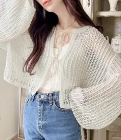 前後2way リボンカーディガン 透かし編み