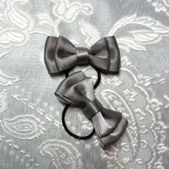 メタルグレー リボン型ヘアゴム 2個セット