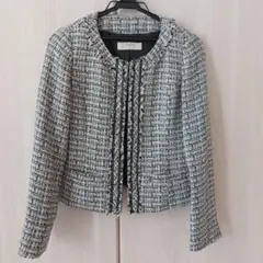ツイード　ノーカラージャケット 黒×白　ラメ
