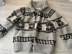 【レトロ古着】配色ライン ニットブルゾン ジップアップ 厚手 アイボリー M