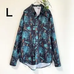 紺地に青緑のバラの花柄のメンズ　長袖　シャツ　前ボタン　ドレスシャツ　トップス