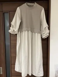 リブ編みトップのロングワンピース　七分袖　M