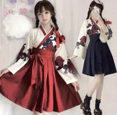 和風 コスプレ 衣装 花魁 袴風 ワンピース風 薔薇柄 ハロウィン 巫女 赤 M