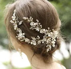 ヘッドドレス　小枝ゴールドフラワー ブライダル　クリスタルヘッドアクセ