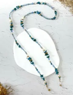 メガネチェーン　天然石ブルーアパタイト　クリアクォーツ　淡水パール　ゴールド