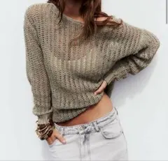 ZARA 透かし編み オリーブグリーン セーター 長袖