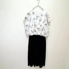 【新品タグ付き✨️】ドッキングワンピース 花柄 フレンチスリーブ 白×黒 異素材