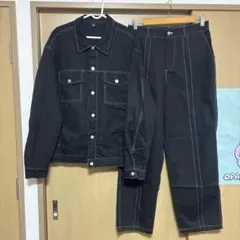 メンズ SHEIN セットアップ 長袖 ジャケット パンツ 黒 白ステッチ 上下