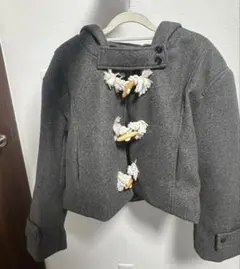 【美品】フードクロップダッフルコートジャケットジャンパー[グレー]