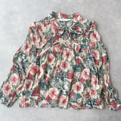 【美品】ZARA フラワープリント　フリルリボンブラウス　S