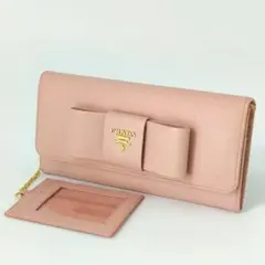 【美品・パスケース付】プラダ サフィアーノ　長財布　リボン　ピンク