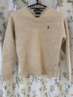 【美品】ラルフローレンRalph Lauren 刺繍入りベージュVネックニットS