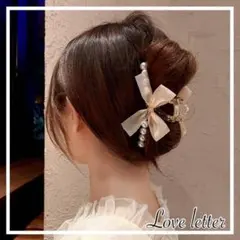 No.876 リボンパールバンスヘアクリップ 韓国 量産型 地雷 ベージュ