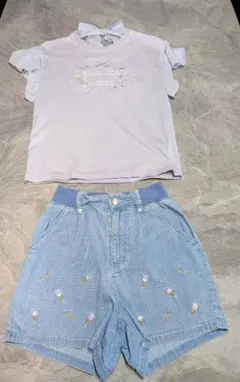 薄紫色リボンTシャツとデニムショーツセット