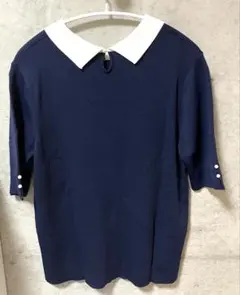 ネイビー ホワイト 襟つき半袖ニット