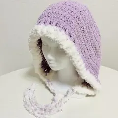 【ハンドメイド】バラクラバ フード帽 プリンセスモール ラベンダー×もこもこ