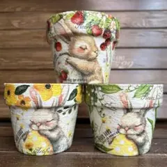 Flowerさまプラスチック取手付鉢 たまごを抱いたうさぎさん ひまわりと