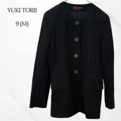 YUKI TORII ジャケット ノーカラー 長袖 ストライプ ネイビー M