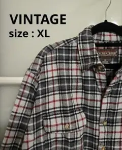 90s チェック柄 ネルシャツ 長袖 肉厚 グレー 赤