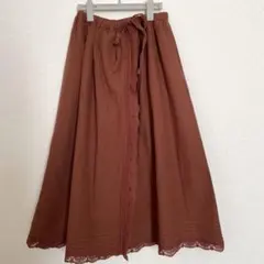 サマンサモスモス　ロングスカート　混麻　リネン　レース　ブラウン　総ゴム