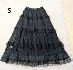 【美品】総レースフレアロングスカート　フリル　チュール　ブラック　裏地付