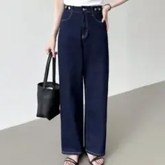 ハイウエスト ストレートデニムパンツ ネイビー
