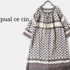 ピュアルセシン　七分袖エスニック柄ワンピース　総柄　ナチュラル　ゆったり　ガーゼのサムネイル