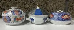 新品 有田 波佐見焼 西浦琴峰 透かし編み 網梅濃(朱と藍) 蓋物(大) 2個