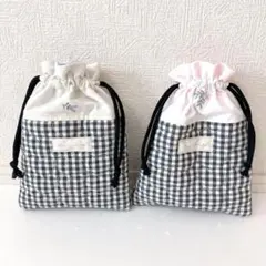 巾着袋　2点セット　ハートギンガムチェック
