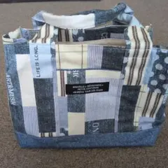 ハンドメイド 仕切りトートバッグ デニム柄ブルー