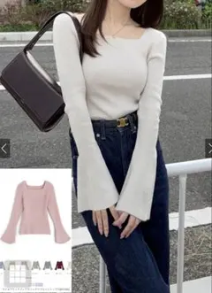 GRL スクエアネックフレアスリーブリブニットトップス[k9153c]