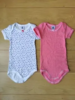 プチバトー　ロンパース 2点セット 花柄 ストライプ