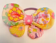 黄色×紫色　花柄　リボン　ヘアゴム　髪飾り　ハンドメイド