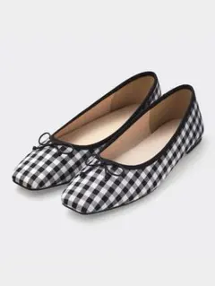 スクエアバレエシューズ XL ギンガムチェック フラット 黒 リボン