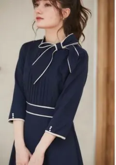 tocco closet　配色ライン入りボウタイりぼんワンピース　ネイビー