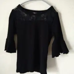 フレア袖 トップス シースルー切り替え リブカットソー 黒