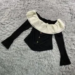 GRL オフショルダー フリル リブトップス ブラック M 長袖 配色デザインのサムネイル