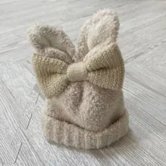 ウサギ耳リボン付きベビー帽子　ニットプランナー　KP ベージュ　うさぎ耳