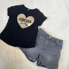 ハートプリントTシャツとデニムショートパンツセット 120