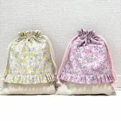 送料込み　給食セット　給食袋　巾着袋　2点セット＊ハンドメイド　花柄　ピンク　黄