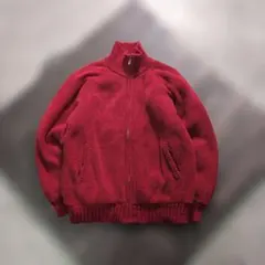 7AS6　ニットジップアップジャケット　裏フリース　赤　M 古着