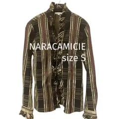 【ナラカミーチェ】イタリアンチェック長袖ストレッチフリルブラウス 大きめ