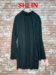 【SHEIN】フルプリーツ 袖スリットカット ミニワンピース 黒 M