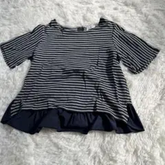 ランバンオンブルー ボーダー カットソー バックジップ 裾フリル ネイビー 38